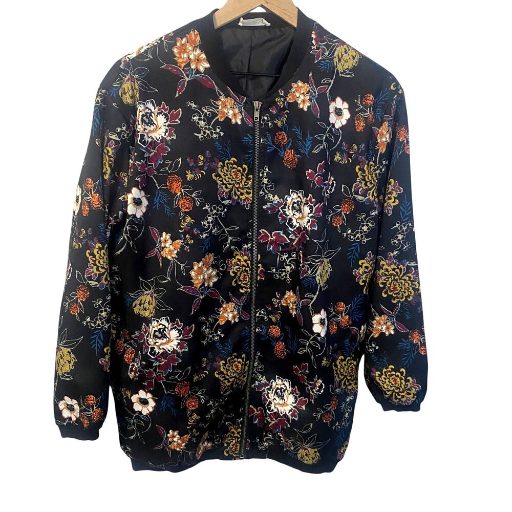 Sophie Rue Dark Floral Full Zip Lightweight Bomber Jacket Transitional Sz M